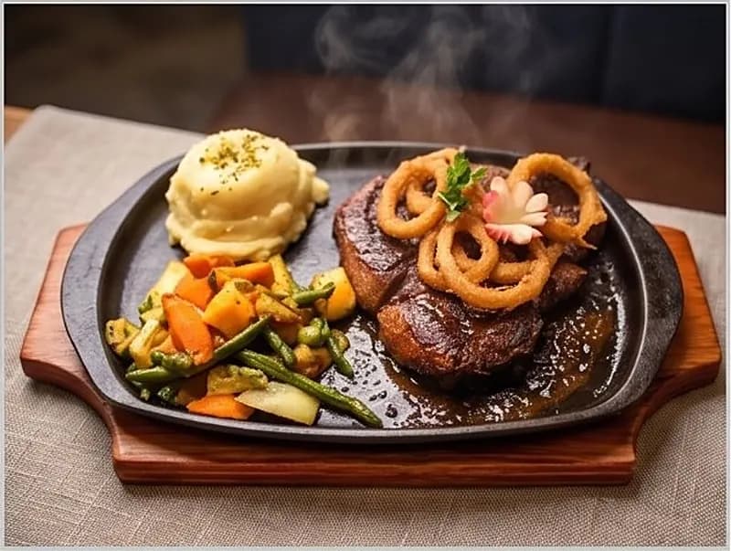 Steak sizzler with onion rings and vegetables