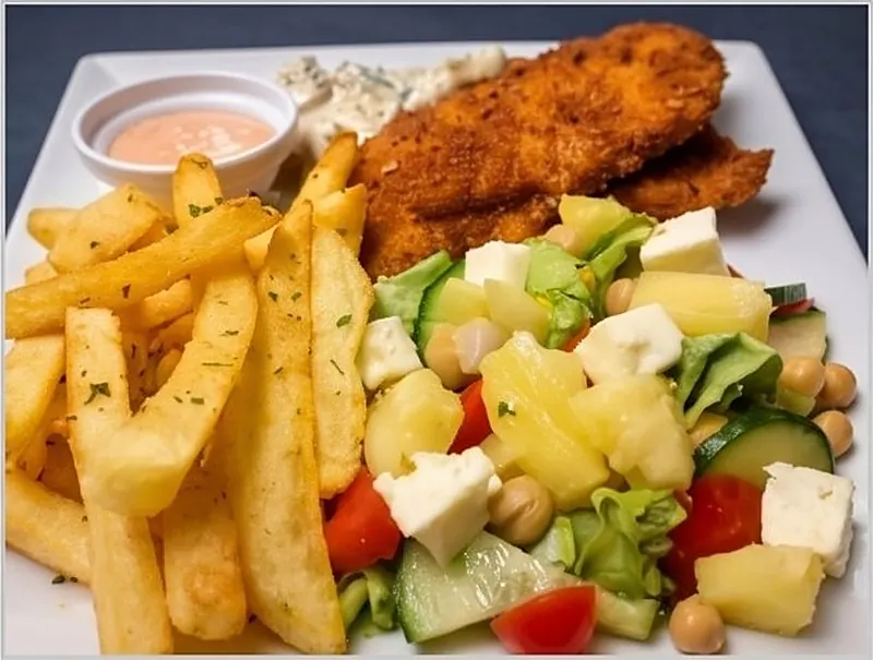 Crumbed chicken with chips and salad