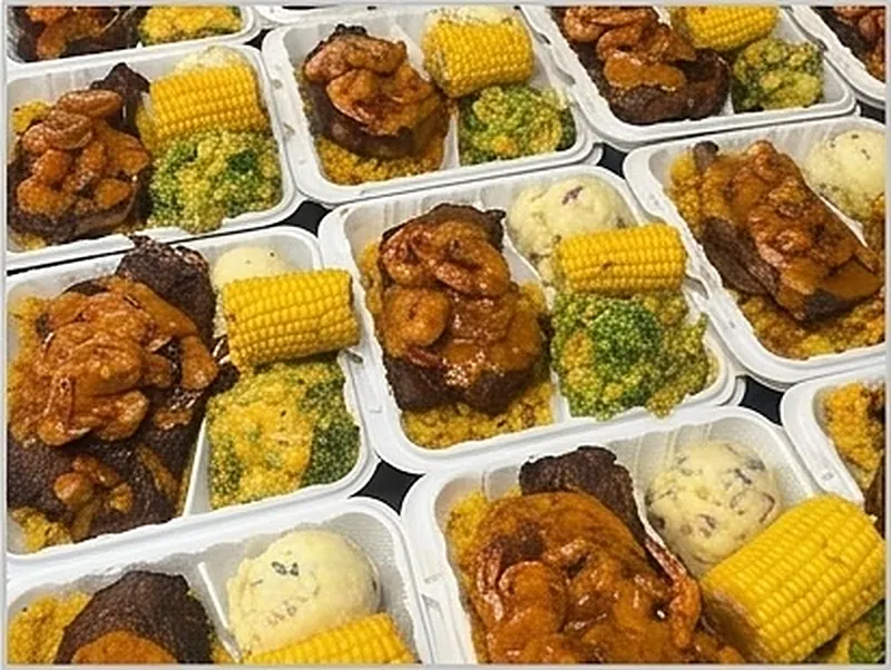 Takeaway plates with meat, pap and corn