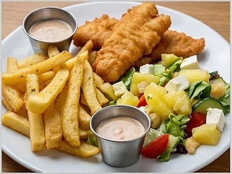 Fish and chips with salad