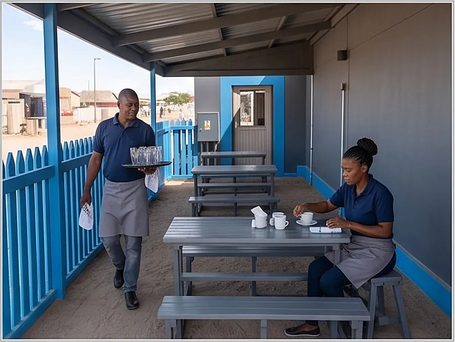 Staff serving tables on the C4 patio